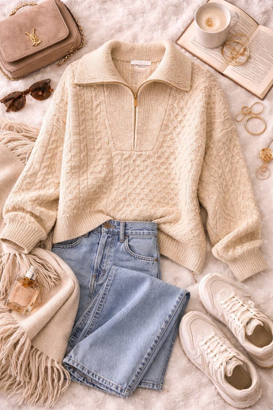 Abercrombie & Fitch Women's Cable Knit 1/4 Zip Sweater Marbled Tan Cozy Size L